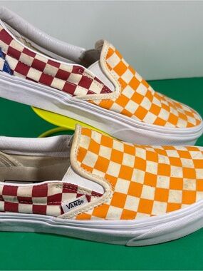 Vans Checkerboard Slip-On Sneakers in Orange, Red & White-Size 8-summer -beach -